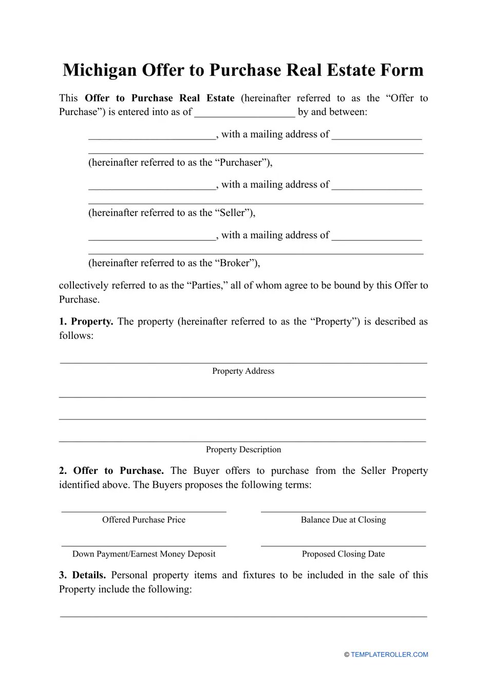 Michigan Offer to Purchase Real Estate Form Fill Out, Sign Online and