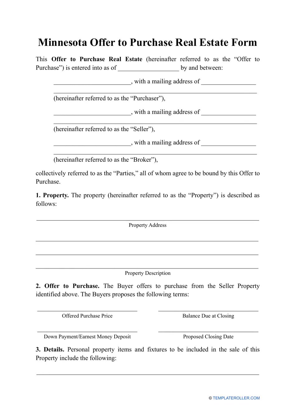 Minnesota Offer to Purchase Real Estate Form Download Printable PDF