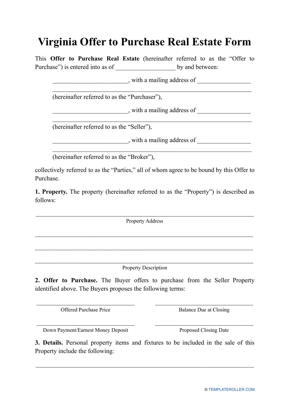 Virginia Offer to Purchase Real Estate Form Fill Out, Sign Online and