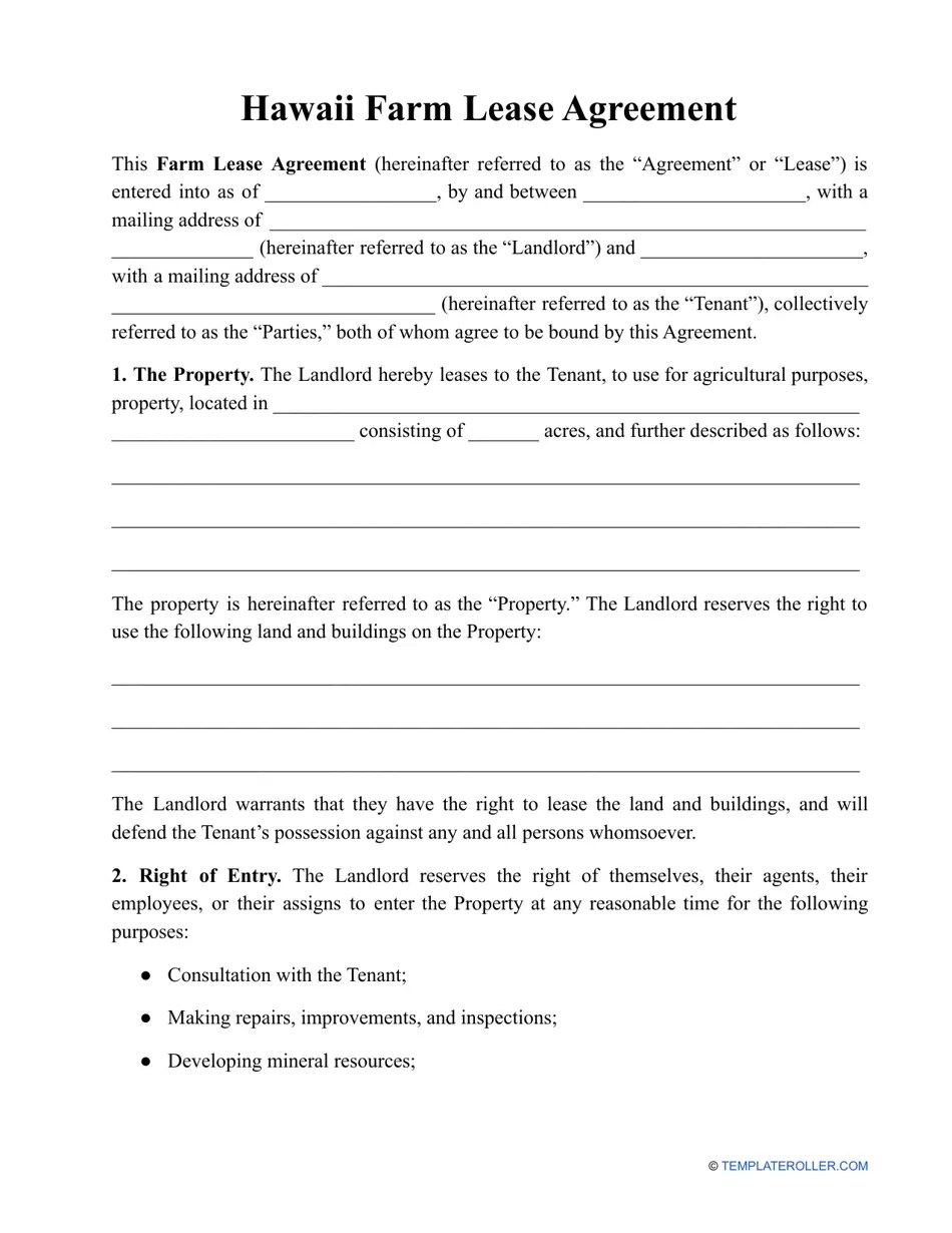 Hawaii Farm Lease Agreement Template Fill Out, Sign Online and