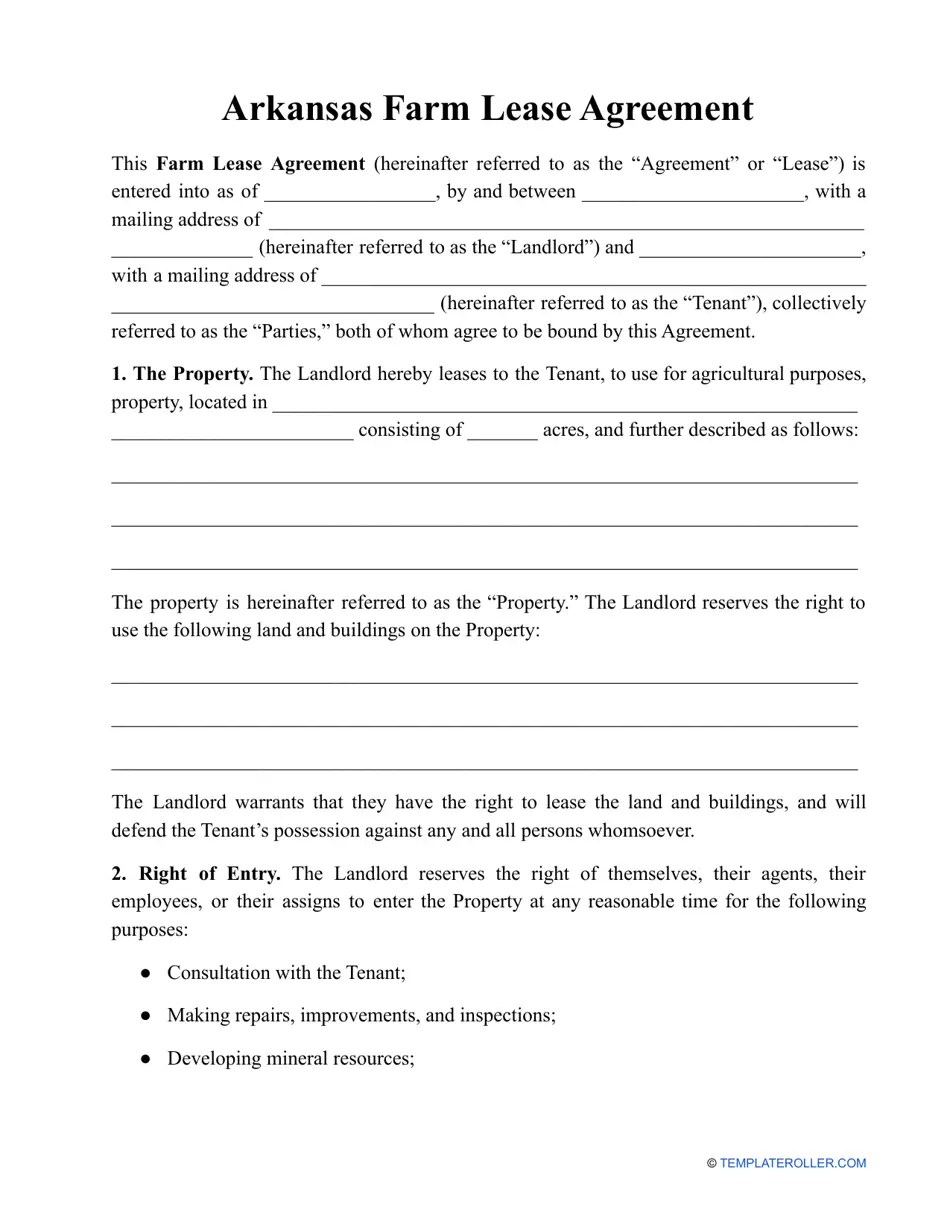 Arkansas Farm Lease Agreement Template Fill Out, Sign Online and