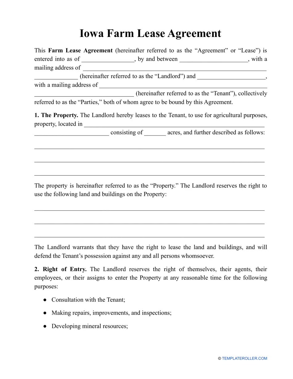 Iowa Farm Lease Agreement Template Fill Out, Sign Online and Download