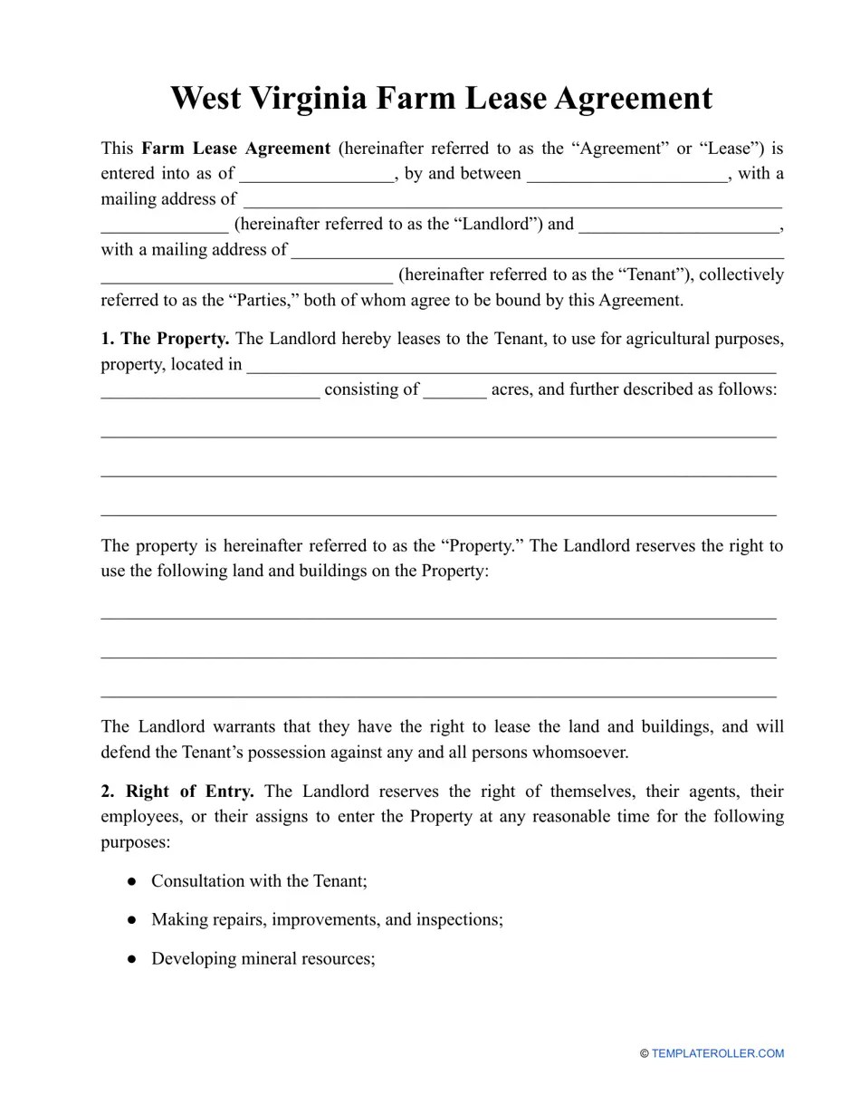 West Virginia Farm Lease Agreement Template Fill Out, Sign Online and