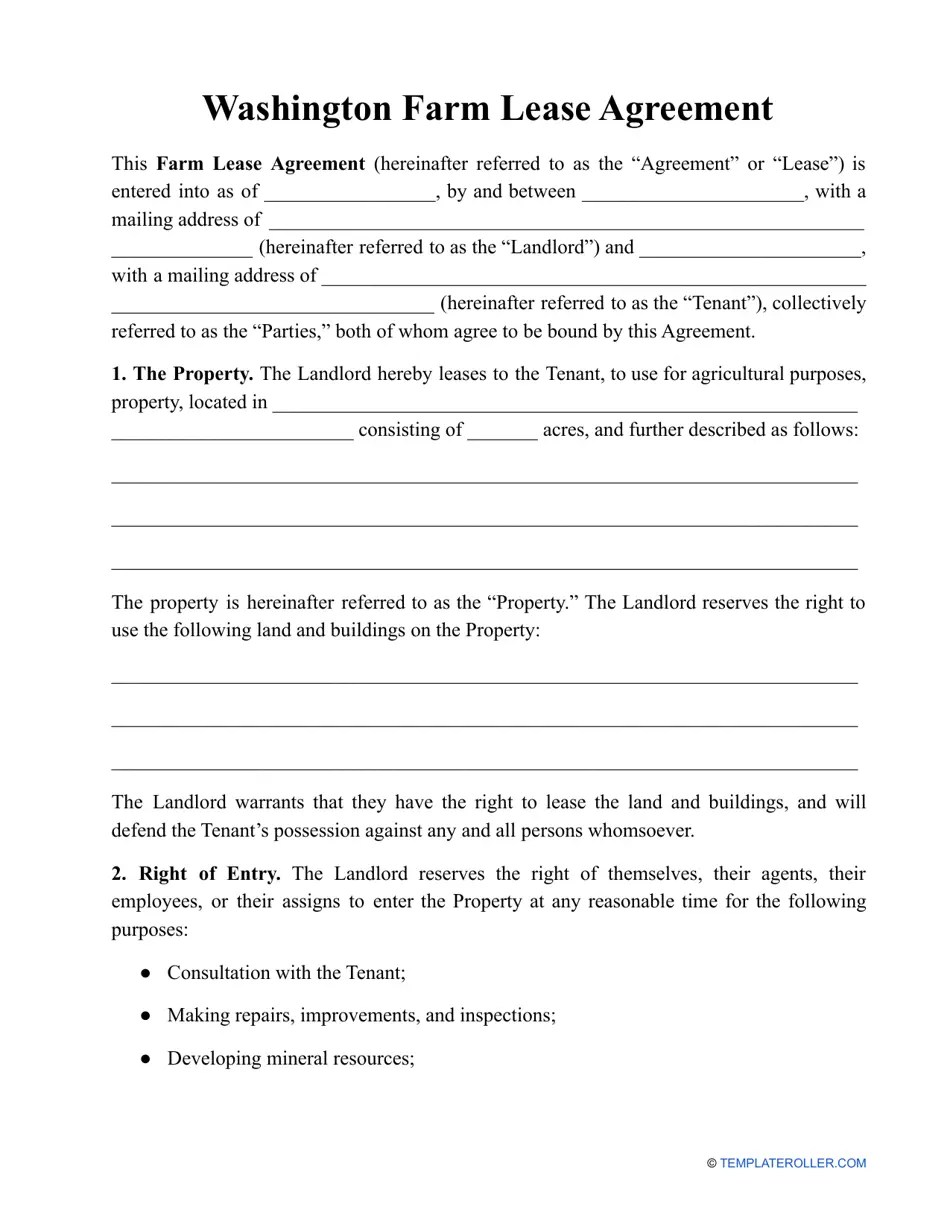 Washington Farm Lease Agreement Template Fill Out, Sign Online and