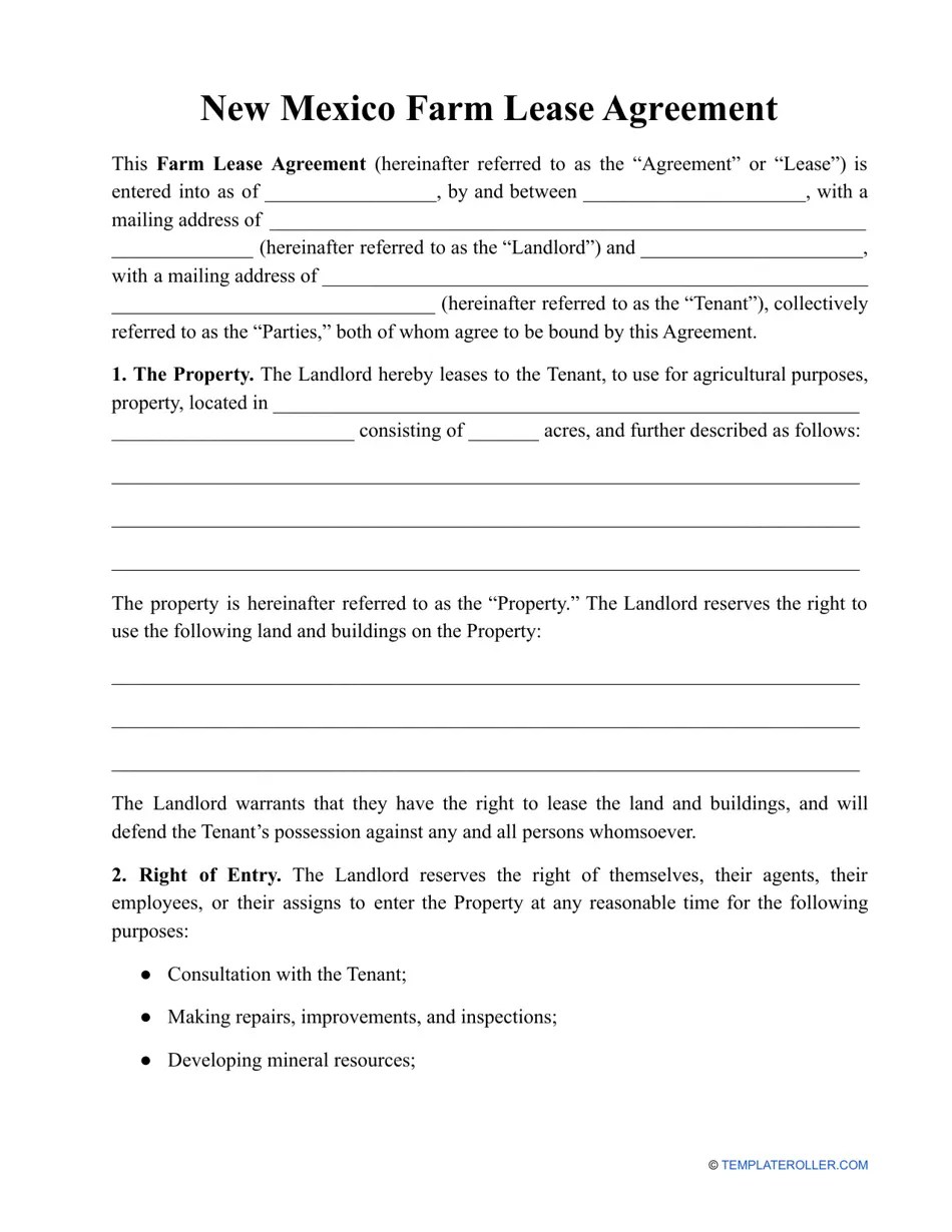 New Mexico Farm Lease Agreement Template Fill Out, Sign Online and