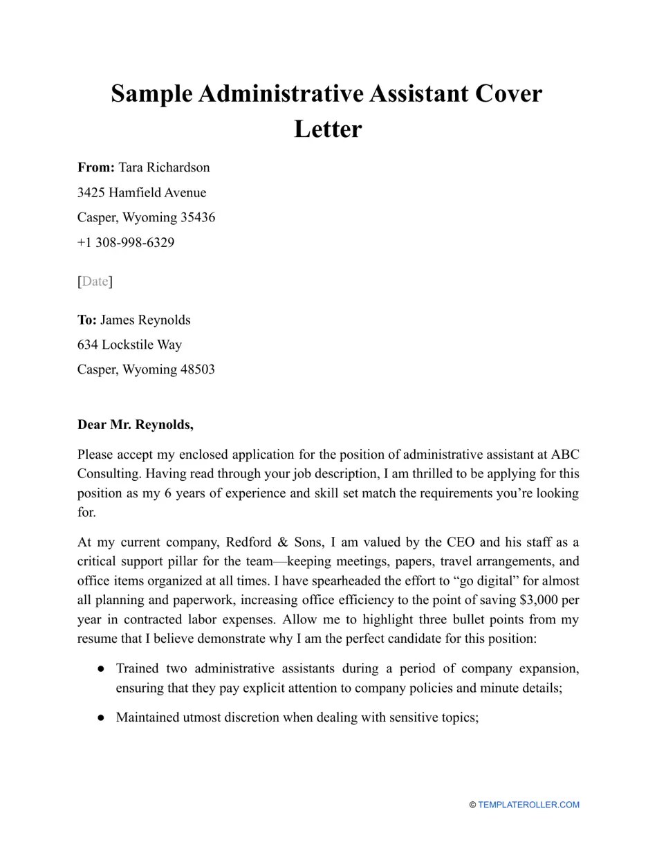Sample Administrative Assistant Cover Letter Download Printable PDF