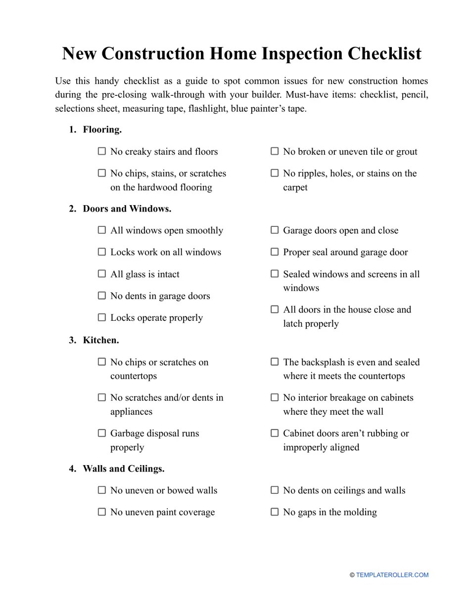 New Construction Home Inspection Checklist Template Download Printable