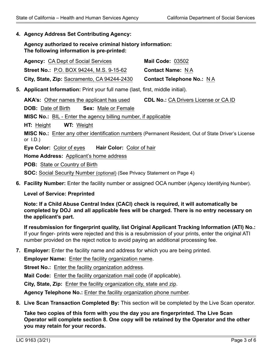 Form LIC9163 Download Fillable PDF or Fill Online Request for Live Scan Service Community Care