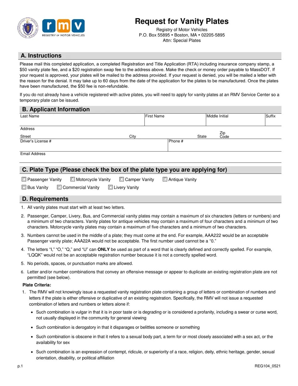 Form REG104 Download Fillable PDF or Fill Online Request for Vanity