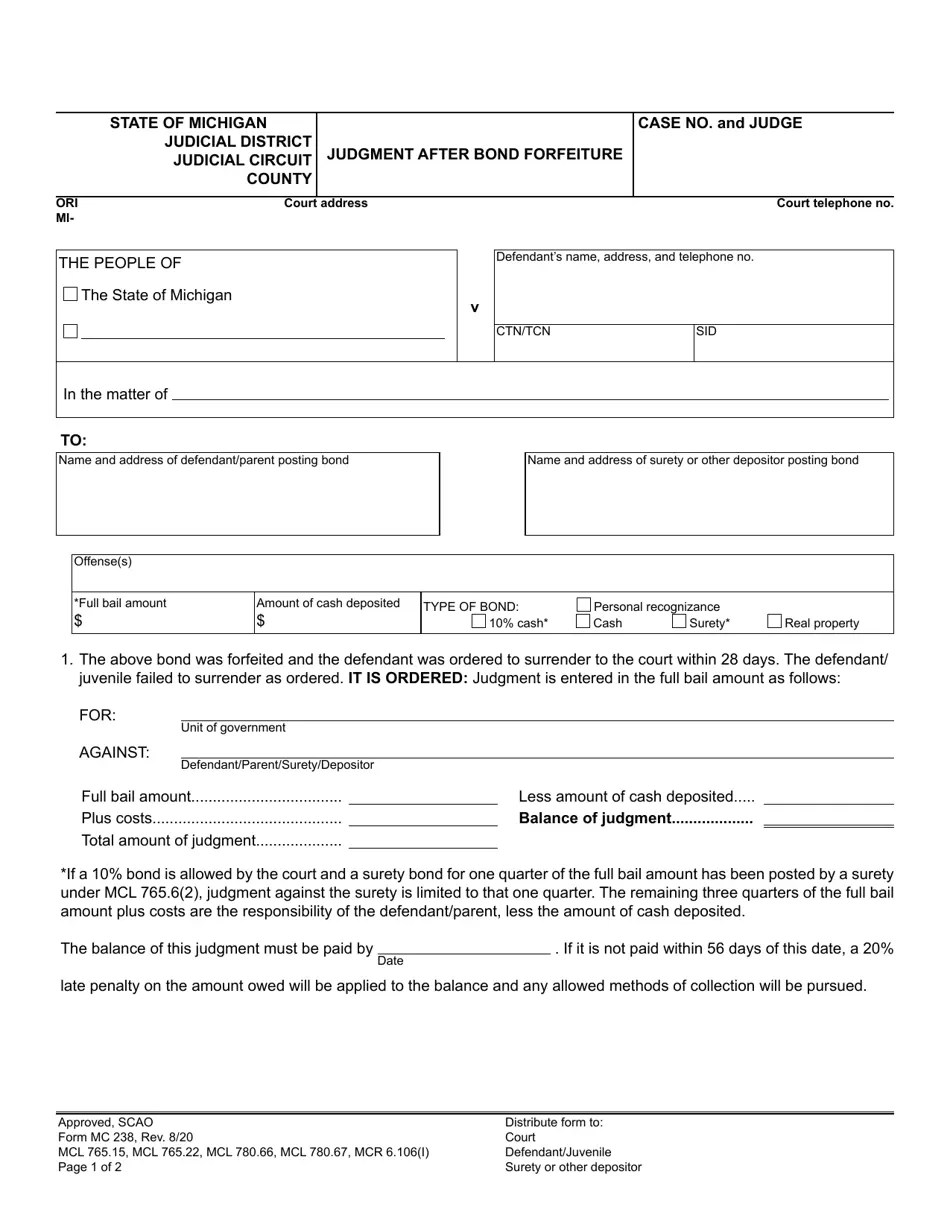 Form MC238 Download Fillable PDF or Fill Online Judgment After Bond