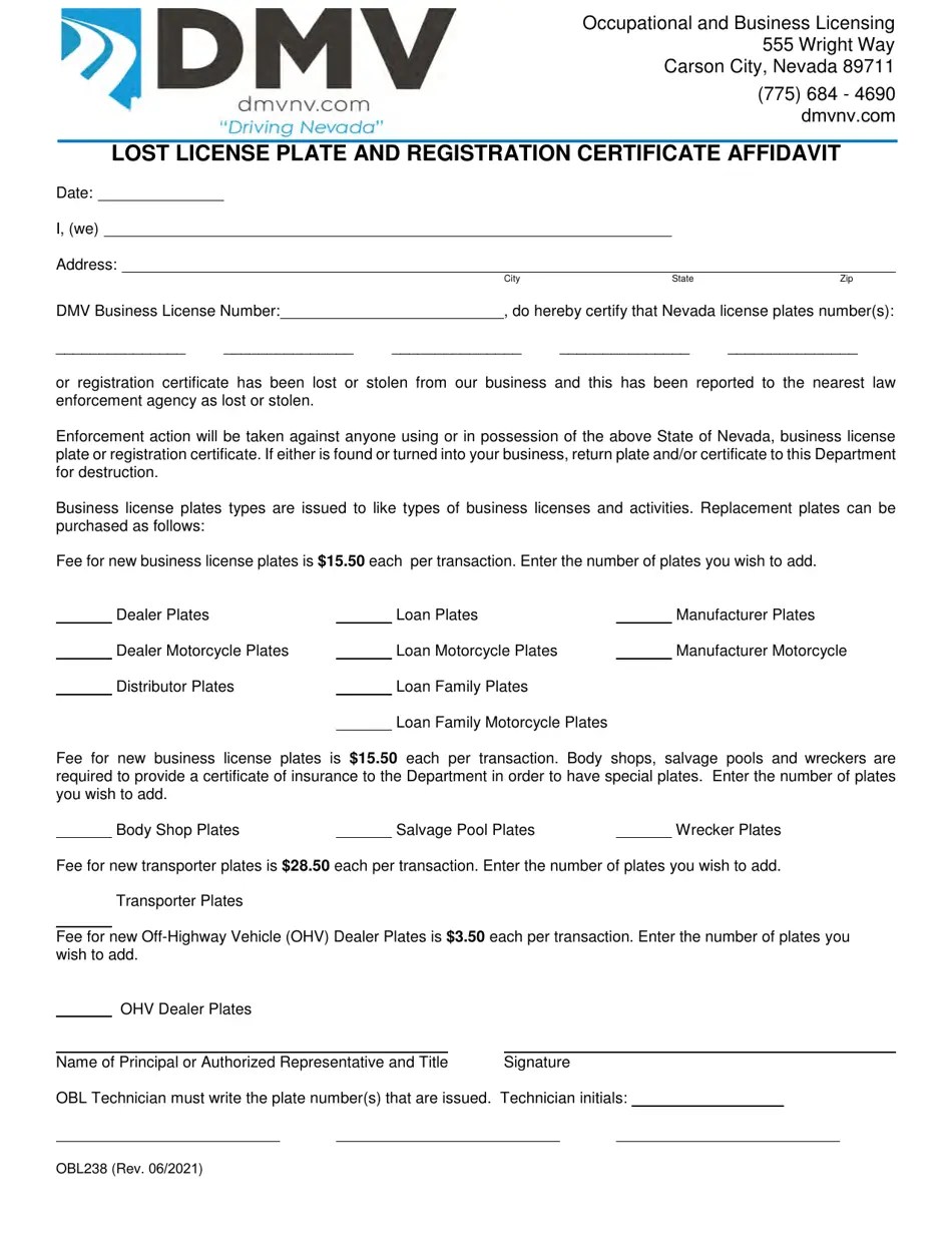 Form OBL238 Download Fillable PDF or Fill Online Lost License Plate and