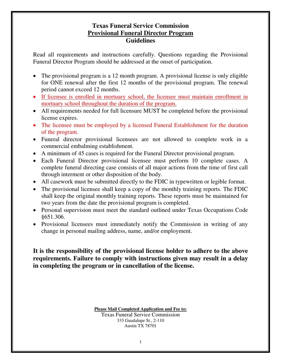 Texas Provisional Funeral Director Application Download Printable PDF