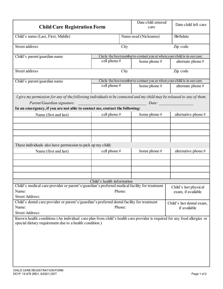 DCYF Form 15879 Download Fillable PDF or Fill Online Child Care Registration Form, Washington
