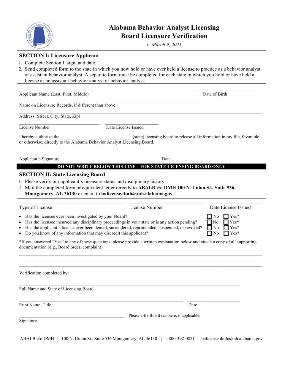 Alabama Alabama Behavior Analyst Licensing Board Licensure Verification