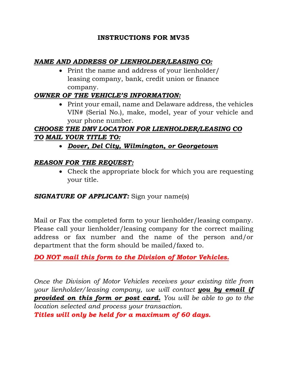 Form MV35 Fill Out, Sign Online and Download Fillable PDF, Delaware