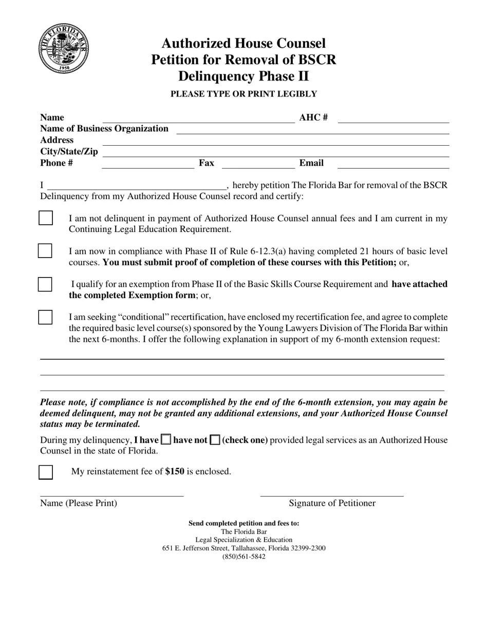Florida Authorized House Counsel Petition for Removal of Bscr
