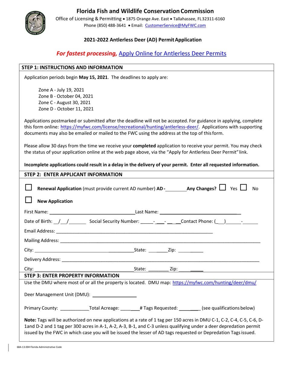 2022 Florida Antlerless Deer (Ad) Permit Application Fill Out, Sign