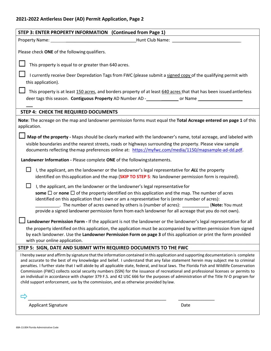 2022 Florida Antlerless Deer (Ad) Permit Application Fill Out, Sign