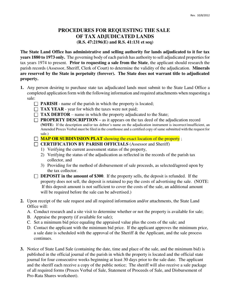 Louisiana Tax Land Sale Procedures and Request Form Fill Out, Sign