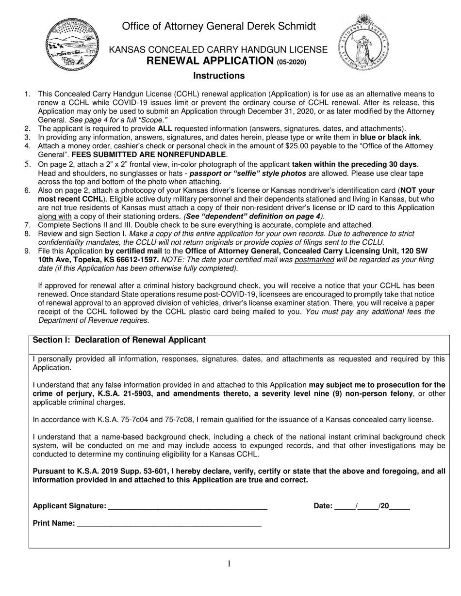 Kansas Kansas Concealed Carry Handgun License Renewal Application