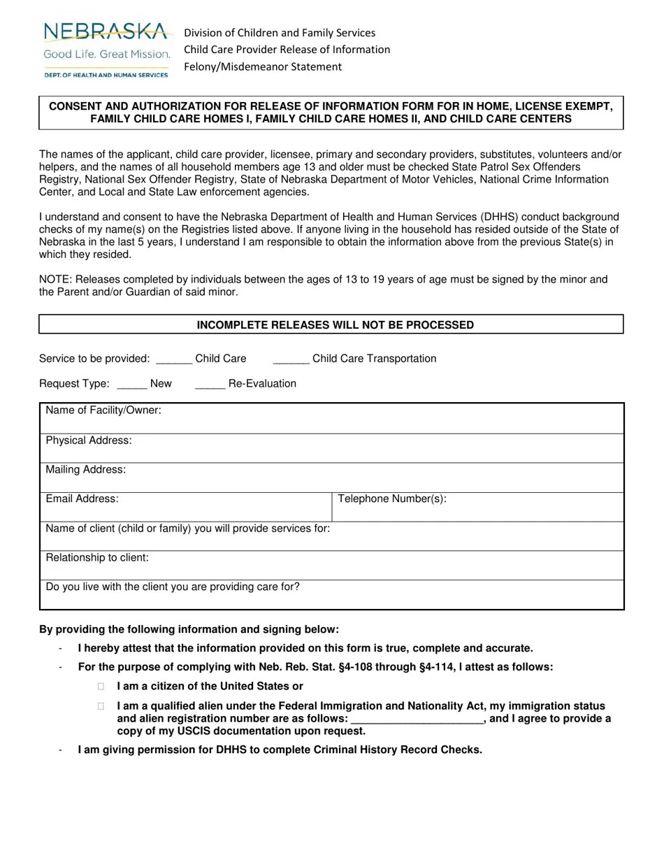 Nebraska Consent and Authorization for Release of Information Form for