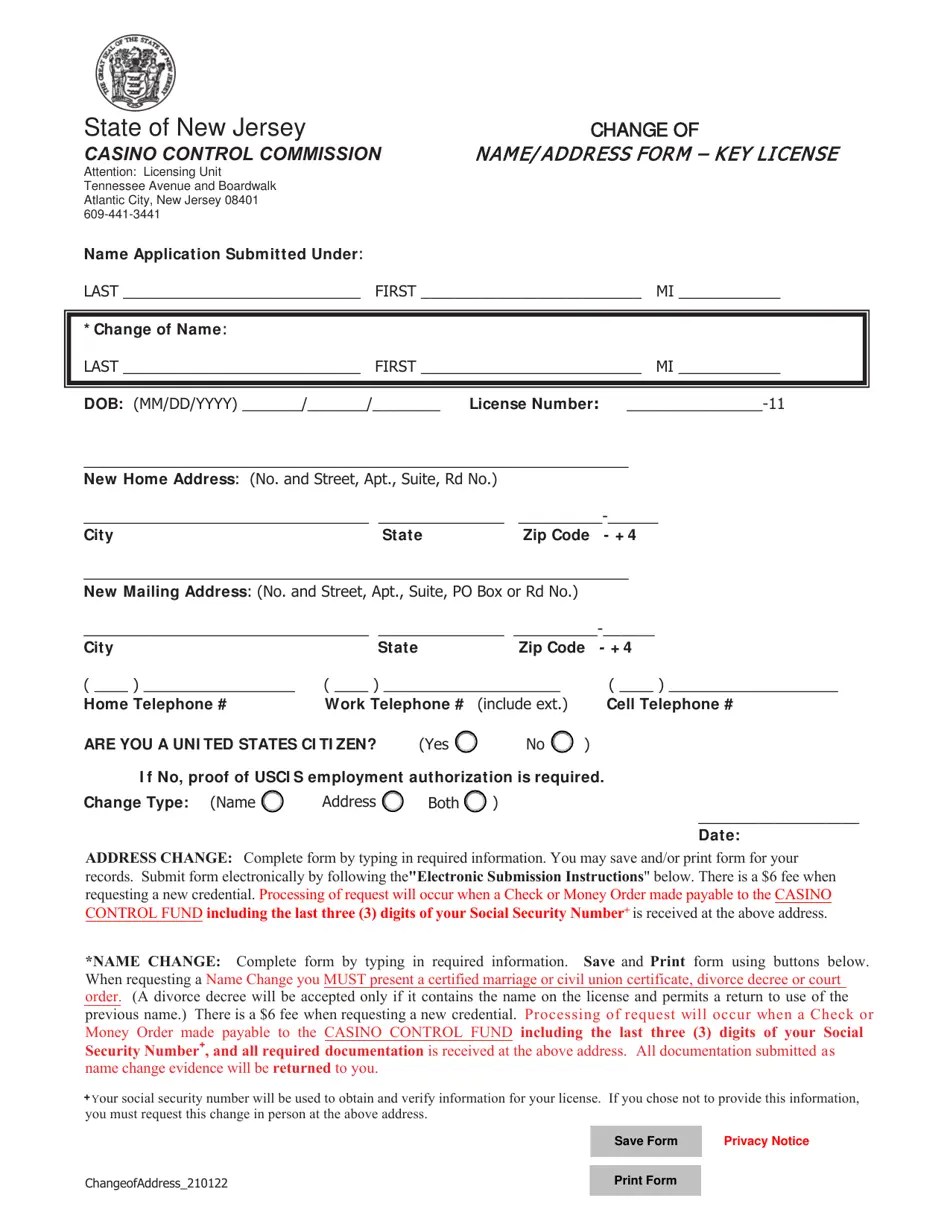 New Jersey Key License Change of Address/Name Form Fill Out, Sign