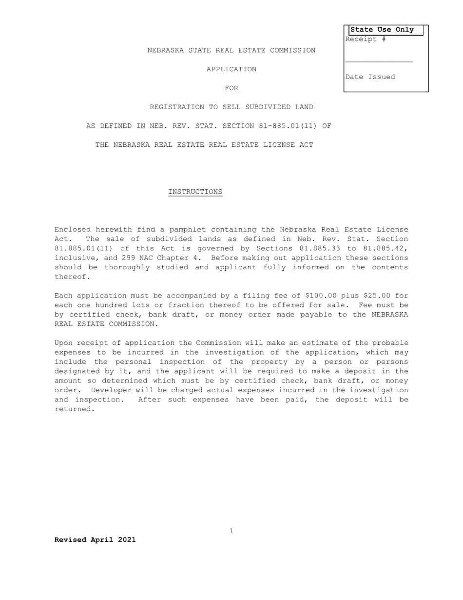 Nebraska Application for Registration to Sell Subdivided Land Fill