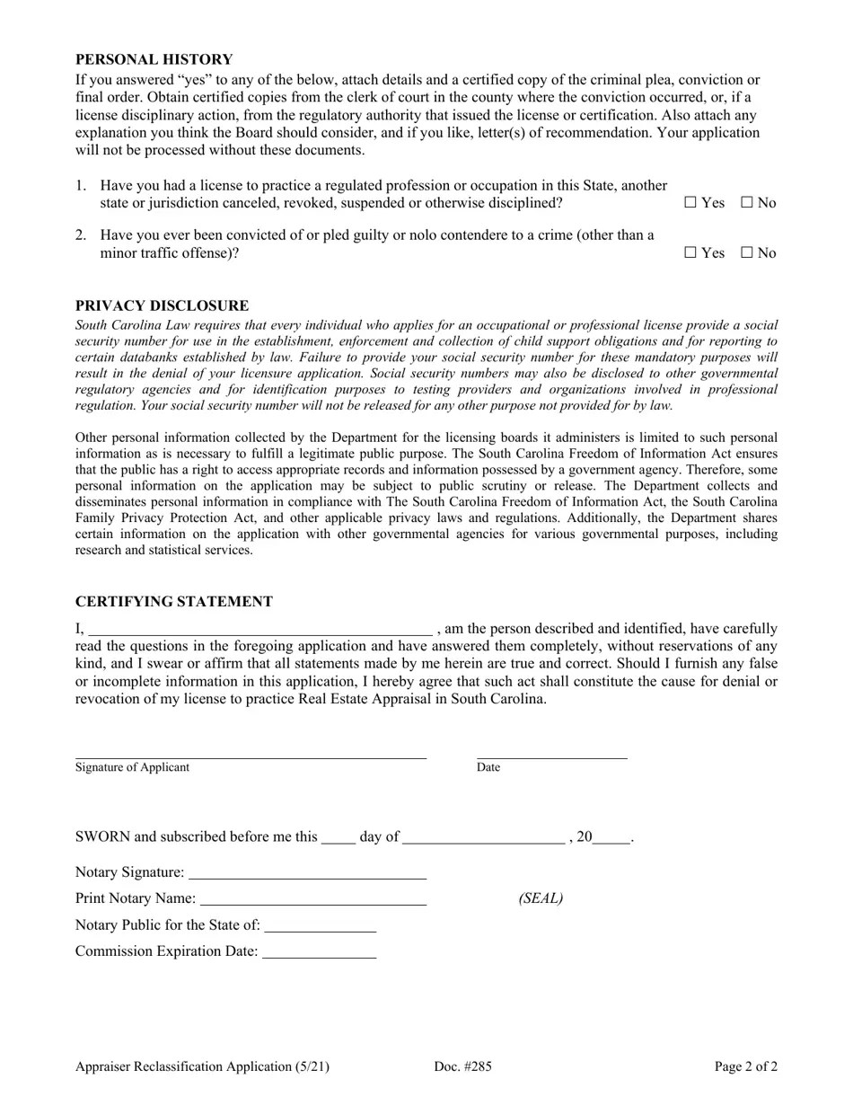 Form DOC285 Fill Out, Sign Online and Download Fillable PDF, South
