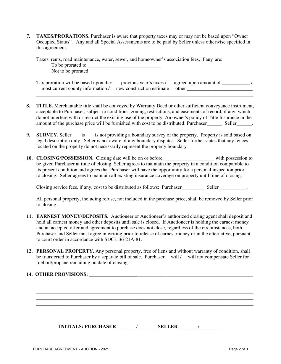 South Dakota Real Estate Auction Purchase Agreement Fill Out, Sign