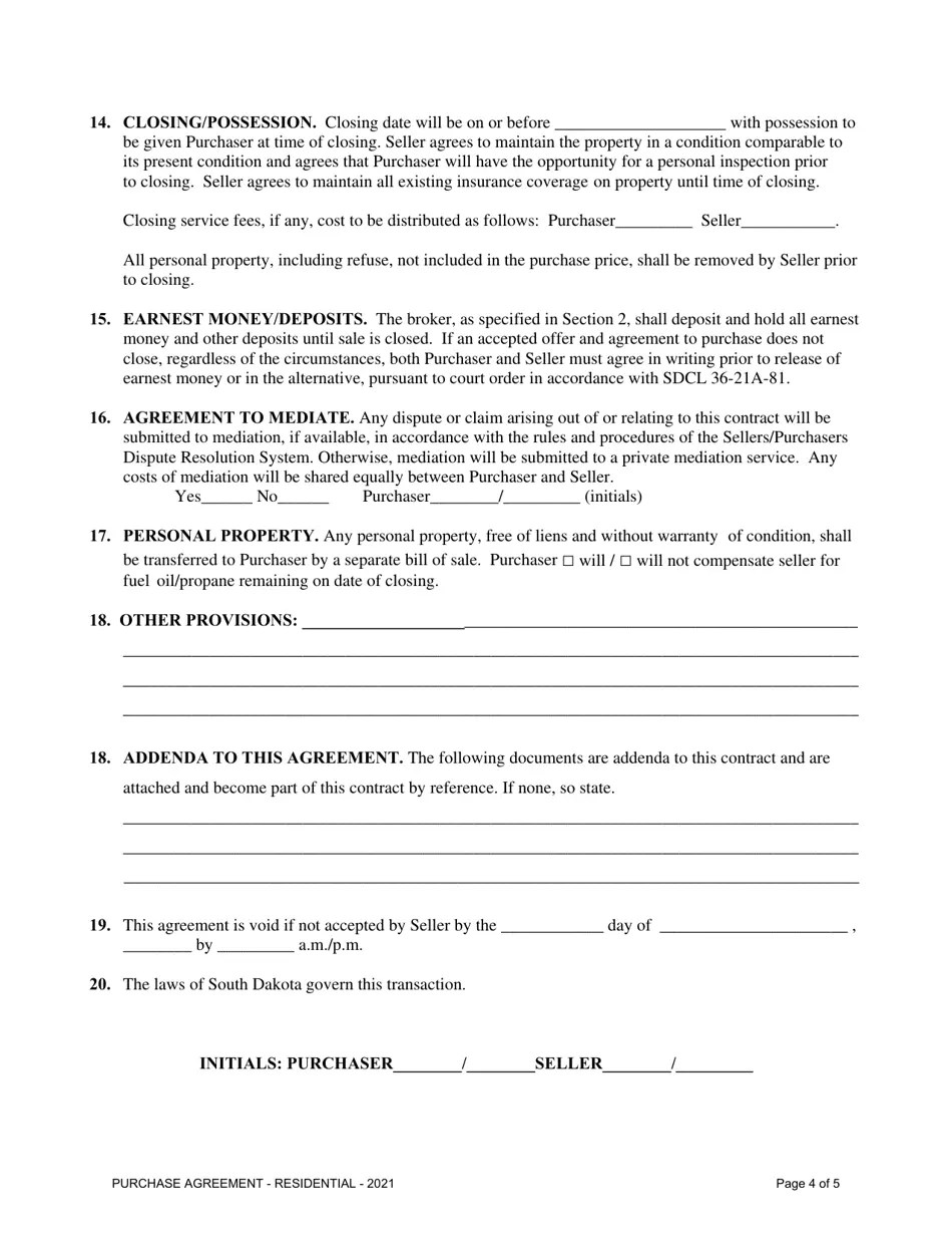 South Dakota Purchase Agreement Residential Sales Fill Out, Sign