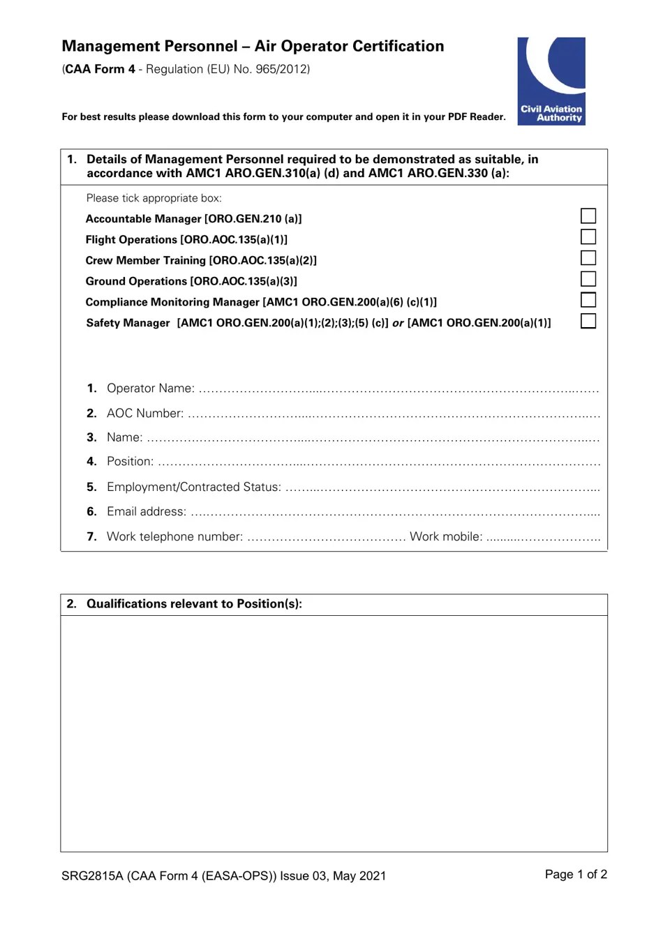 CAA Form 4 (EASAOPS) (SRG2815A) Fill Out, Sign Online and Download