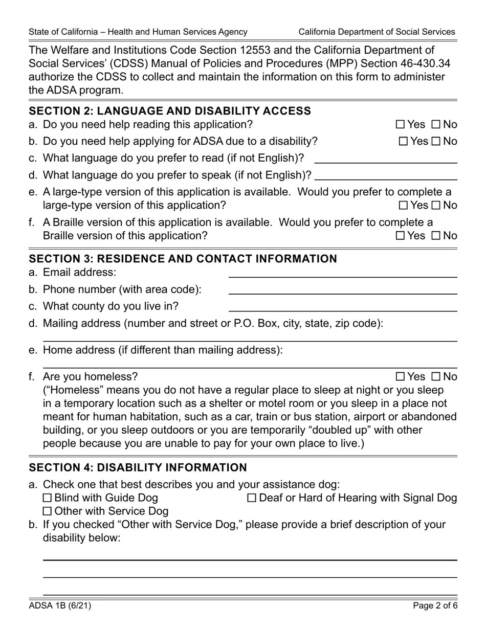 Form ADSA1B Download Fillable PDF or Fill Online Assistance Dog Special