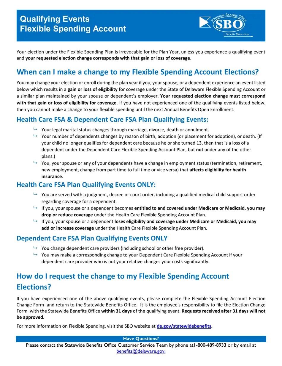 Delaware Flexible Spending Account (FSA) Election Change Form Fill