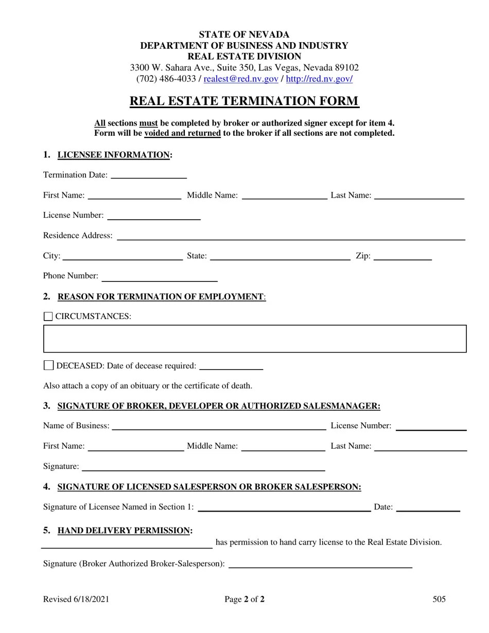 Form 505 Download Fillable PDF or Fill Online Real Estate Termination
