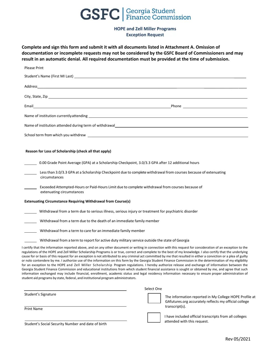 (United States) Hope and Zell Miller Programs Exception Request