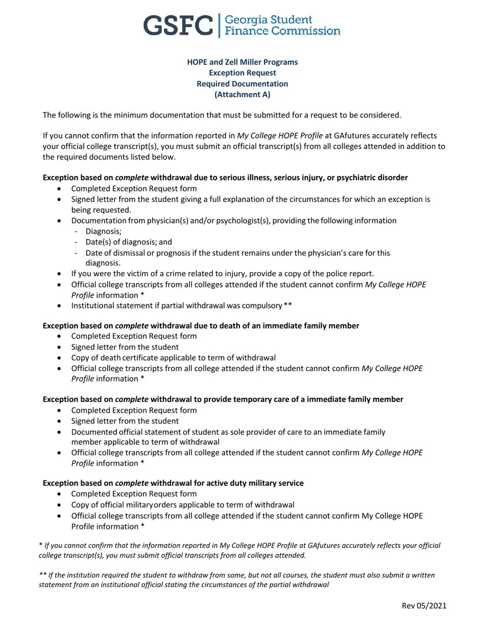 (United States) Hope and Zell Miller Programs Exception Request