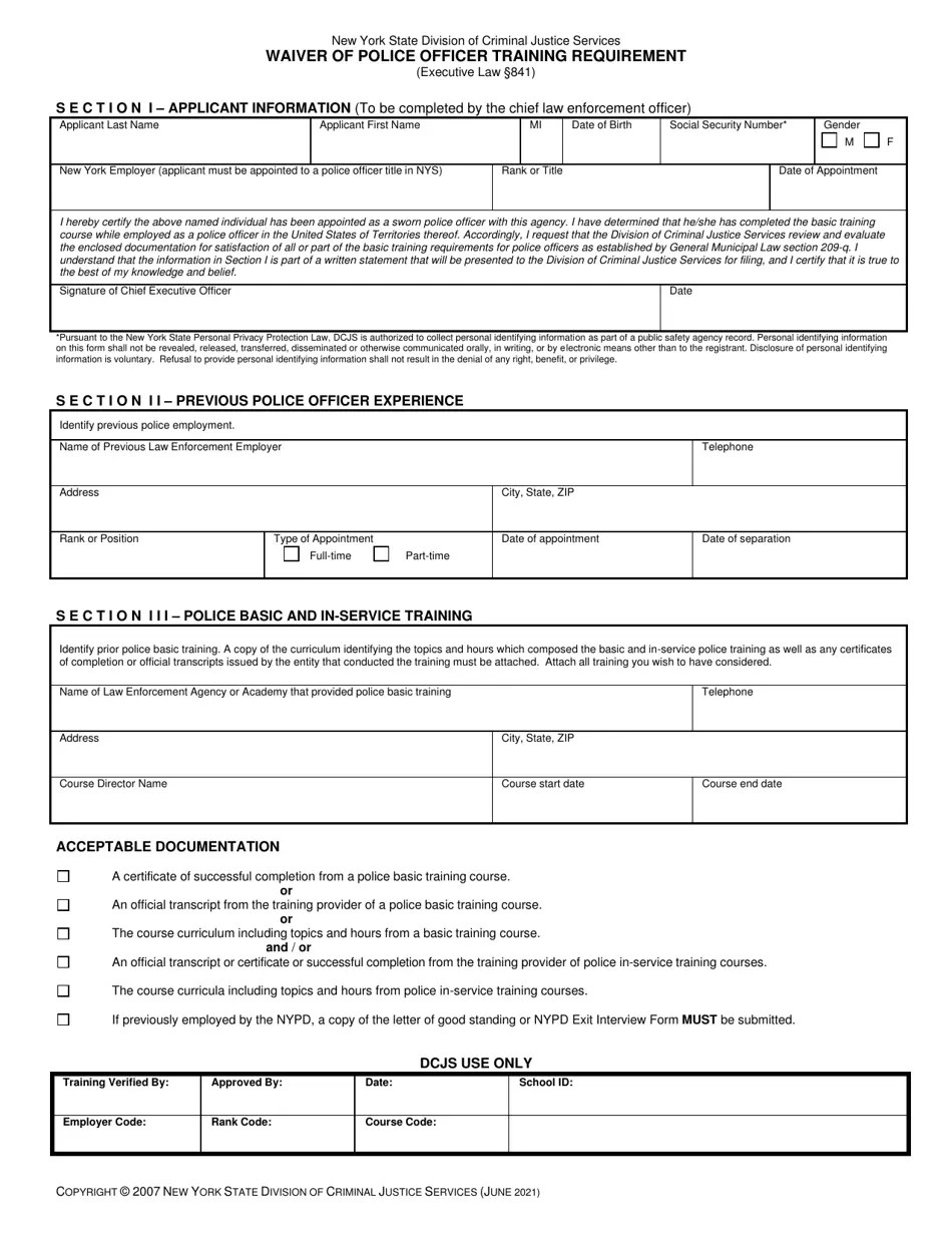 New York Waiver of Police Officer Training Requirement Fill Out, Sign