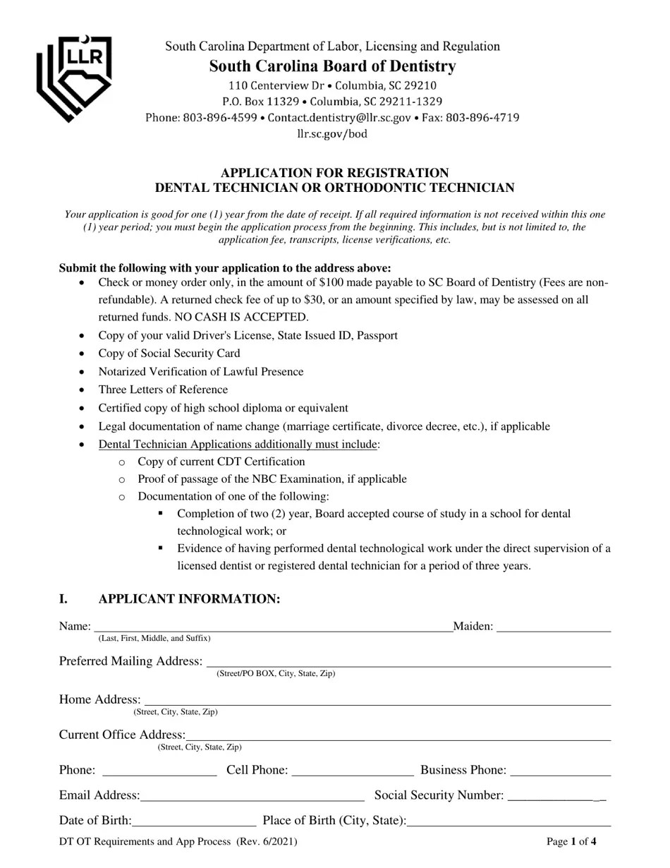 South Carolina Application for Registration Dental Technician or