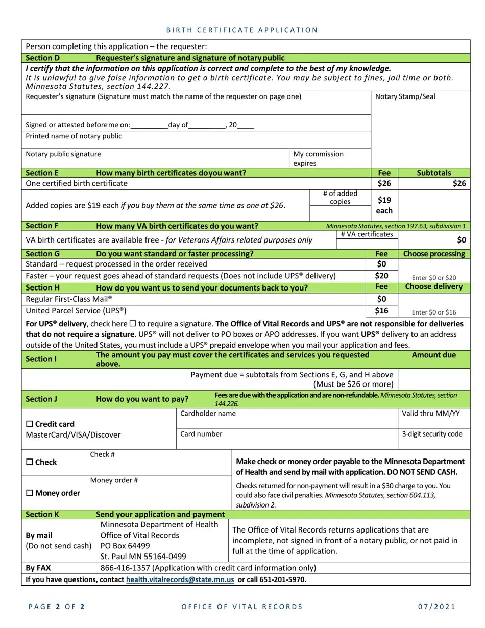 Minnesota Birth Certificate Application Form Fill Out, Sign Online and Download PDF