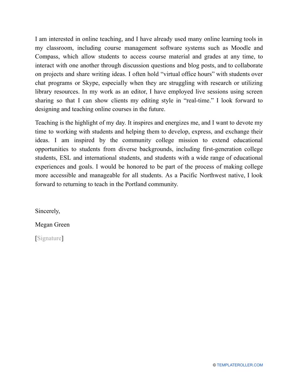 Sample Cover Letter for Teaching Position in Community College Download