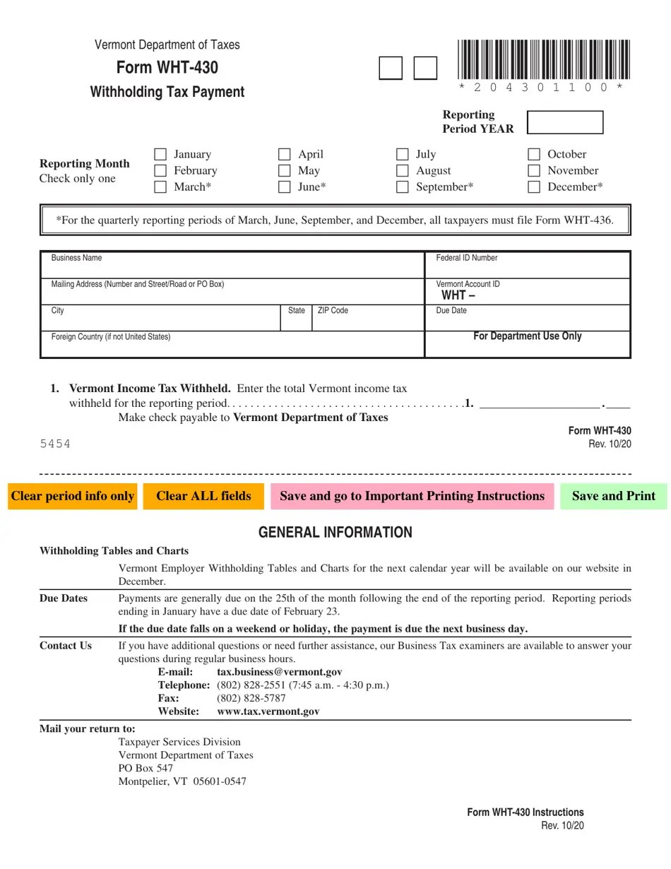 VT Form WHT430 Download Fillable PDF or Fill Online Withholding Tax Payment, Vermont