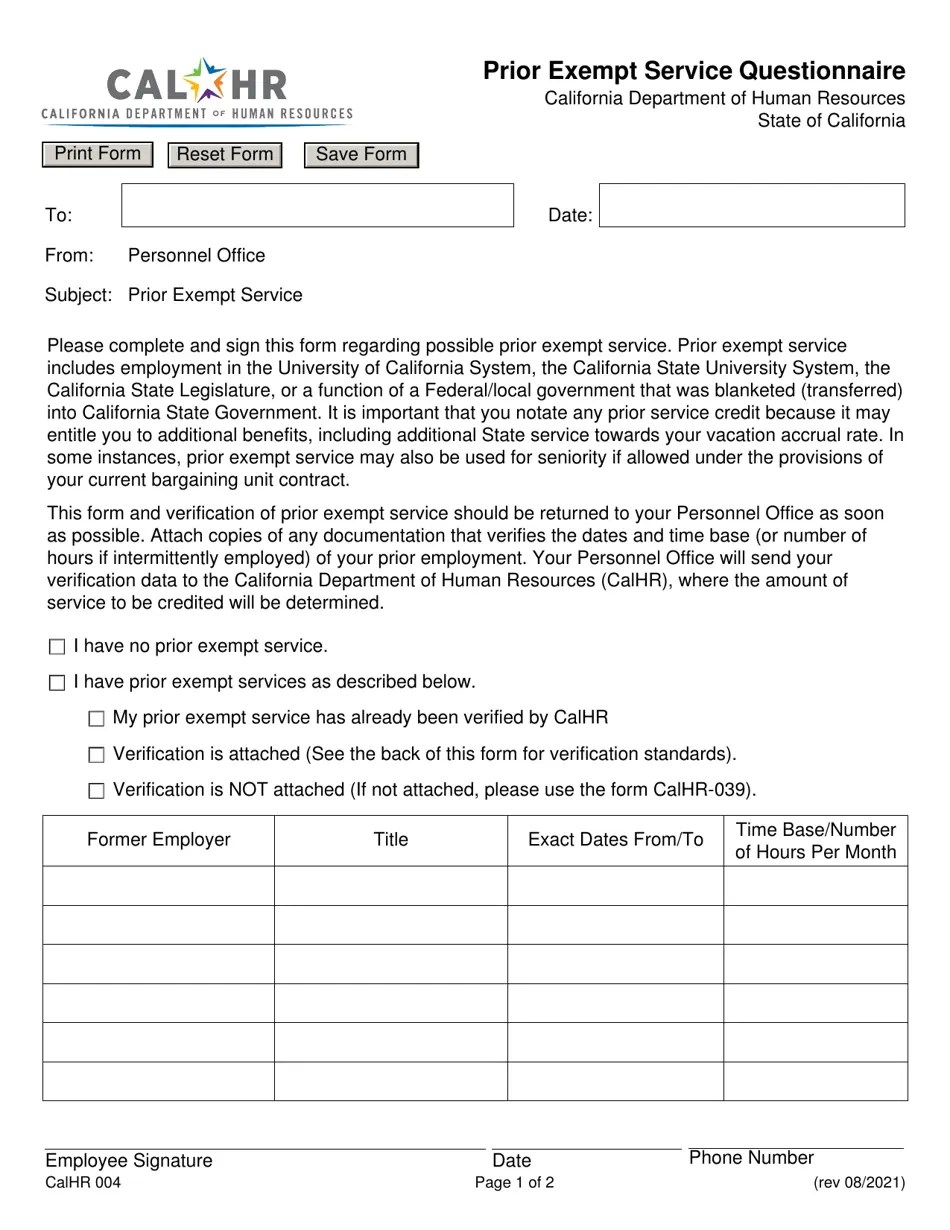 Form CALHR004 Download Fillable PDF or Fill Online Prior Exempt Service