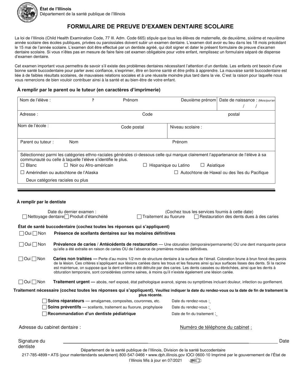 Illinois Proof of School Dental Examination Form Download Printable PDF Templateroller