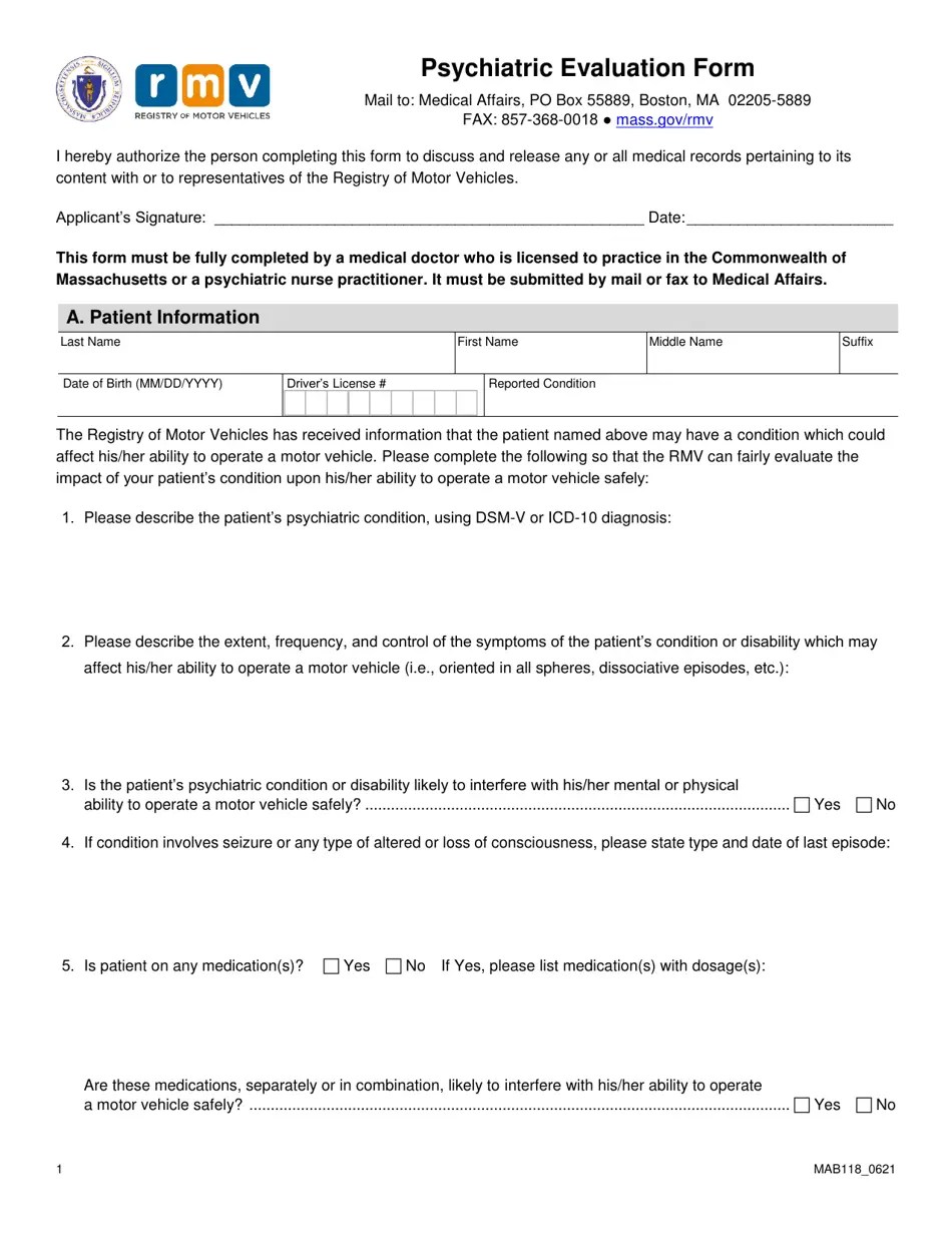 Form MAB118 Download Fillable PDF or Fill Online Psychiatric Evaluation Form, Massachusetts 2018