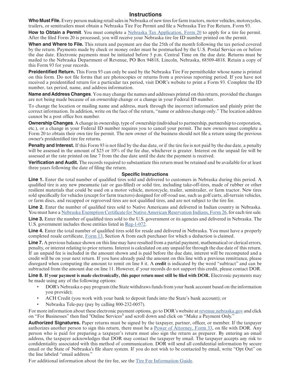 Form 93 Download Fillable PDF or Fill Online Nebraska Tire Fee Return