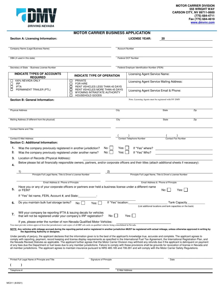 Form MC011 Download Fillable PDF or Fill Online Motor Carrier Business