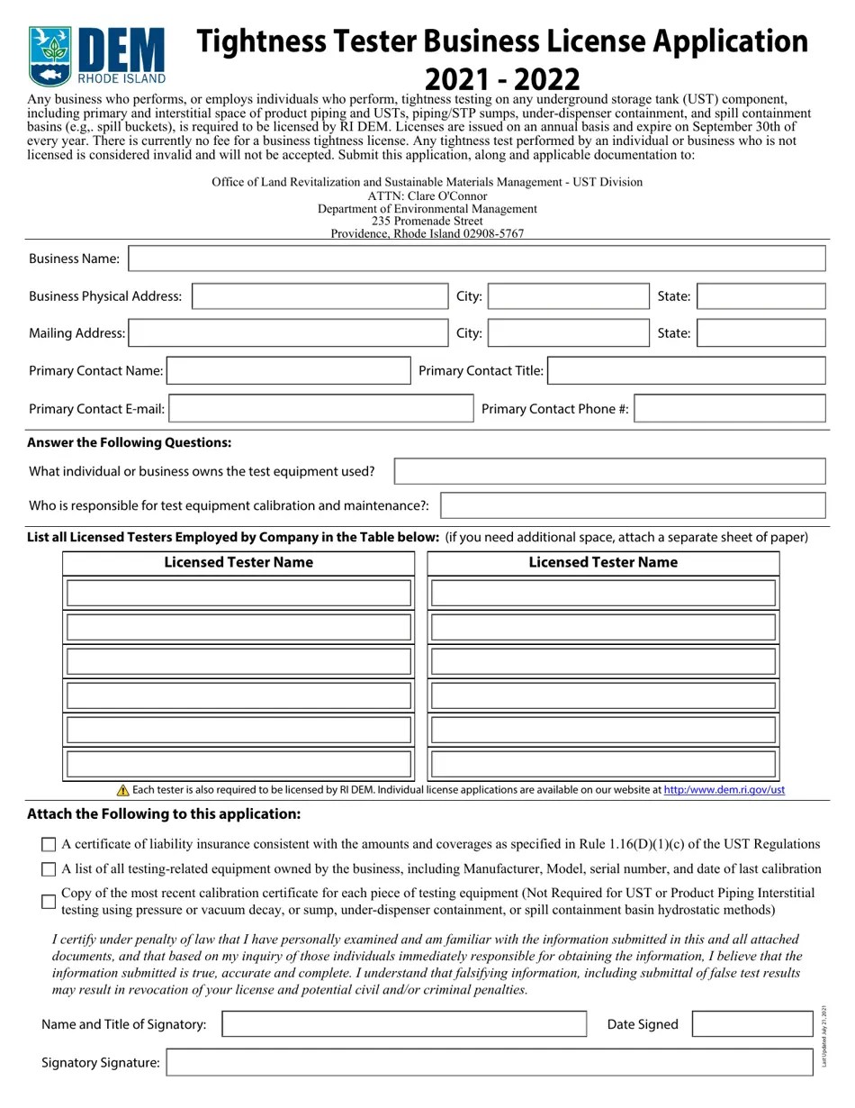2022 Rhode Island Tightness Tester Business License Application Fill