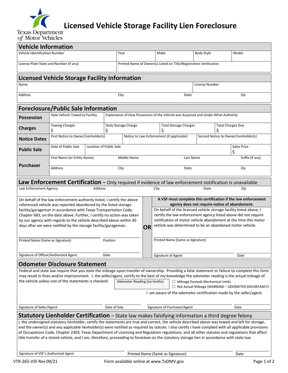 Form VTR265VSF Download Fillable PDF or Fill Online Licensed Vehicle