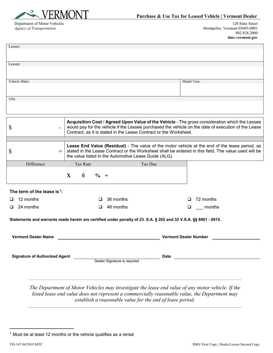 Form VD147 Download Fillable PDF or Fill Online Purchase & Use Tax for