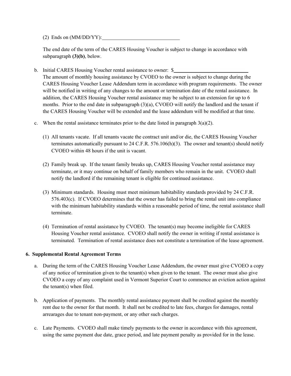 Vermont Lease Addendum Cares Housing Voucher Fill Out, Sign Online